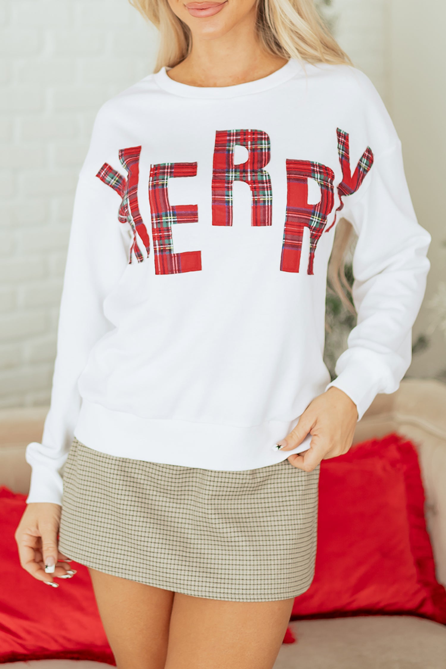 White Plaid MERRY Christmas Vacation Sweatshirt-Tops/Sweatshirts & Hoodies-[Adult]-[Female]-2022 Online Blue Zone Planet