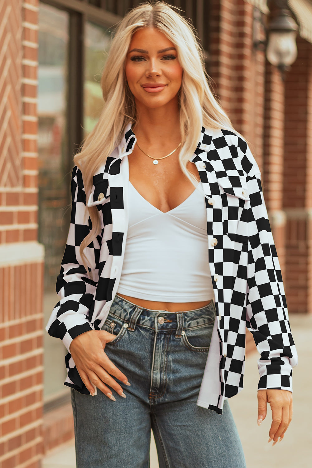 Black Checkerboard Flap Pocket Button Front Shacket-Outerwear/Plaid Shackets-[Adult]-[Female]-2022 Online Blue Zone Planet