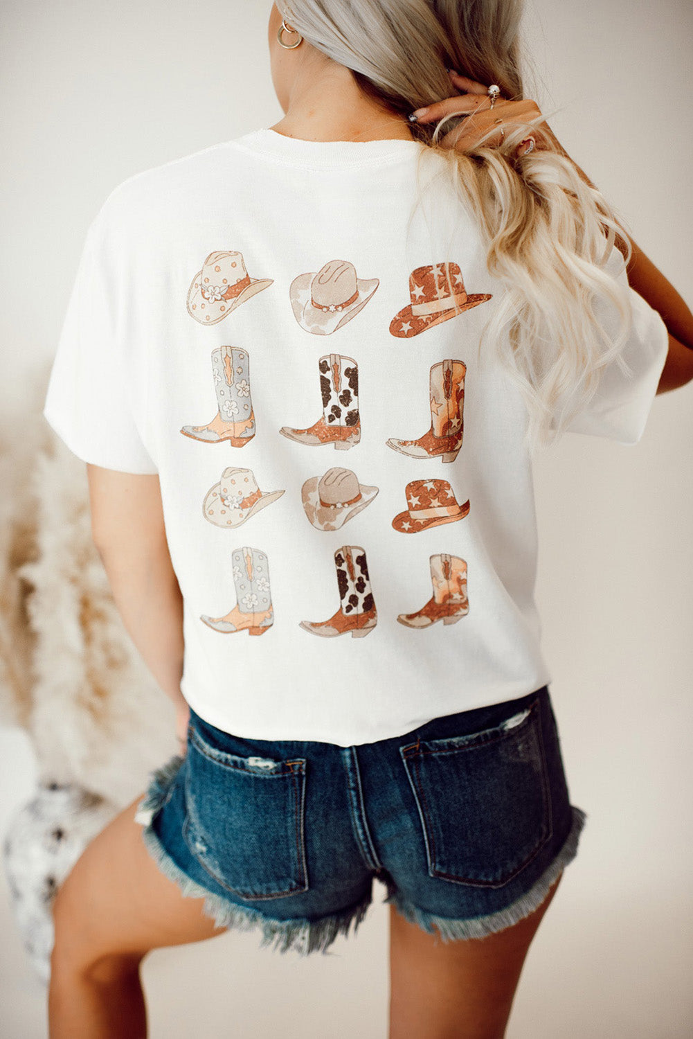 White Double-Side Cowboy Hat & Boots Graphic Tee-Graphic/Graphic Tees-[Adult]-[Female]-White-S-2022 Online Blue Zone Planet