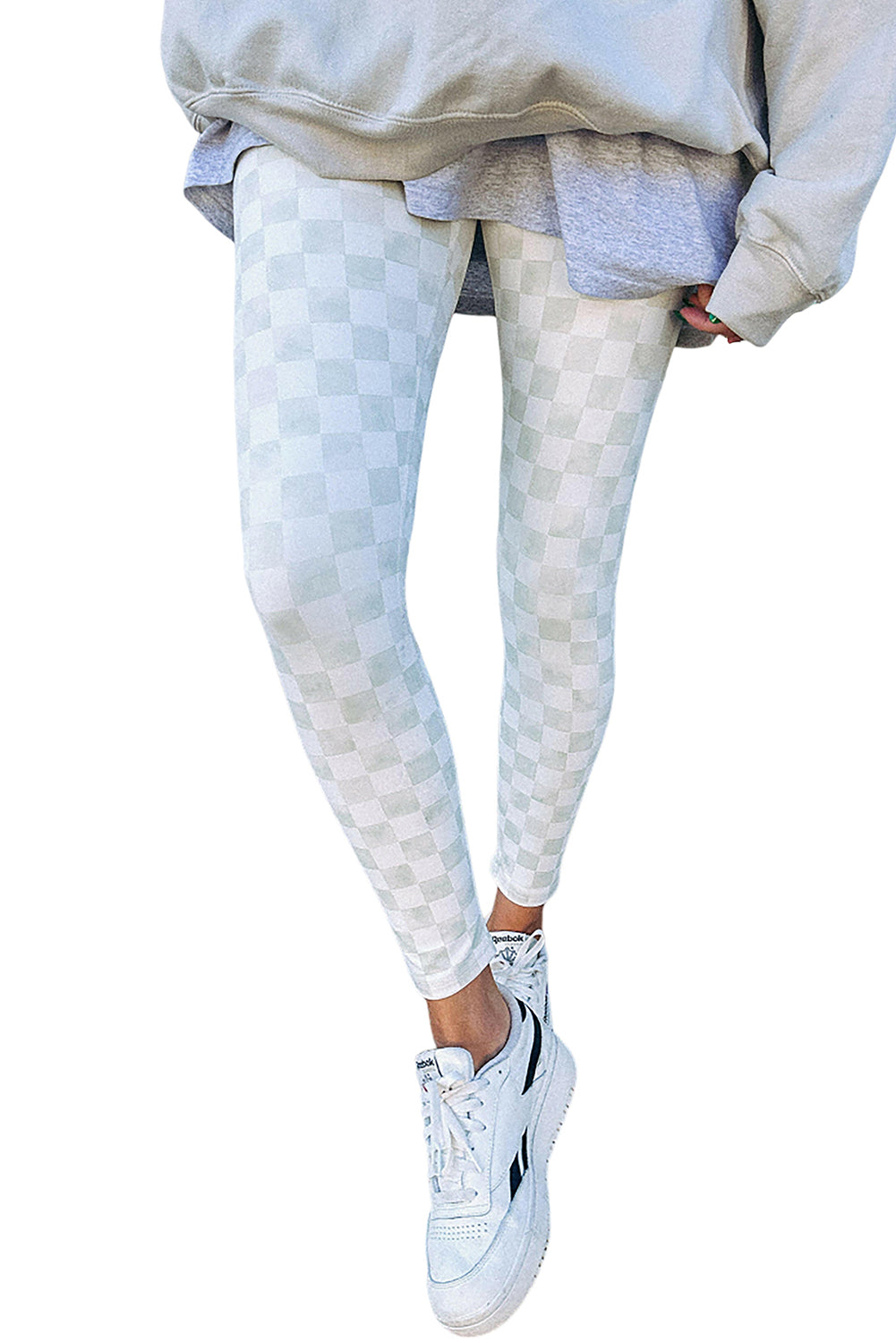 Khaki Checkered Pattern High Waist Skinny Leggings-Leggings-[Adult]-[Female]-2022 Online Blue Zone Planet