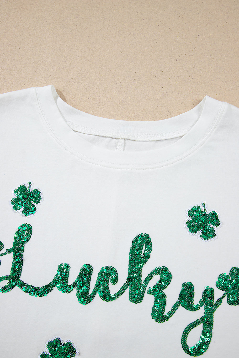 White St Patrick Lucky Clover Sequin Graphic T Shirt-T Shirts-[Adult]-[Female]-2022 Online Blue Zone Planet