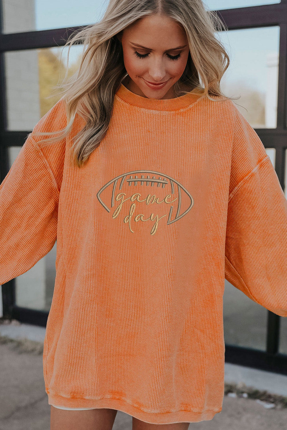 Orange Rugby Game Day Embroidered Corduroy Sweatshirt-Graphic/Graphic Sweatshirts-[Adult]-[Female]-2022 Online Blue Zone Planet