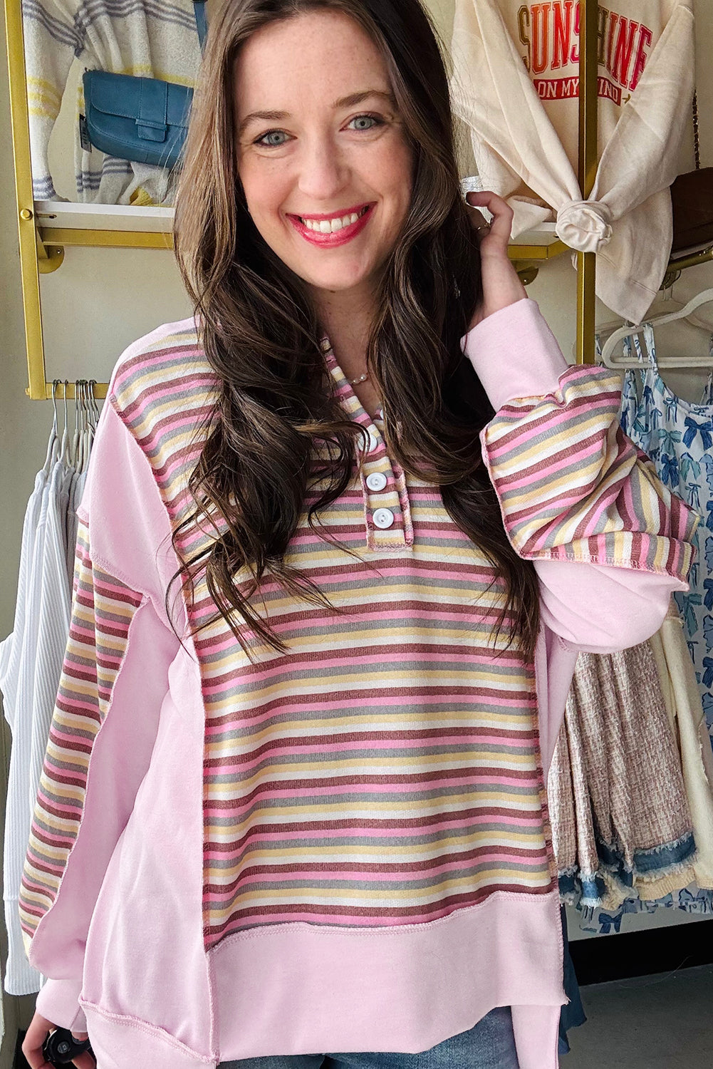 Pink Exposed Seam Color Block Striped Patchwork Loose Henley Sweatshirt-Tops/Sweatshirts & Hoodies-[Adult]-[Female]-2022 Online Blue Zone Planet