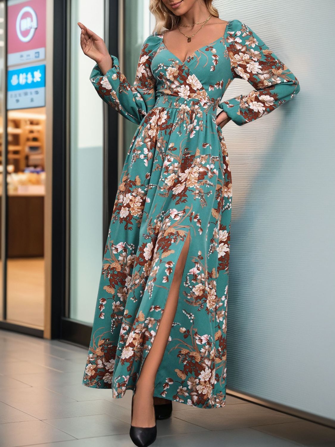 Slit Printed Surplice Long Sleeve Maxi Dress-TOPS / DRESSES-[Adult]-[Female]-2022 Online Blue Zone Planet