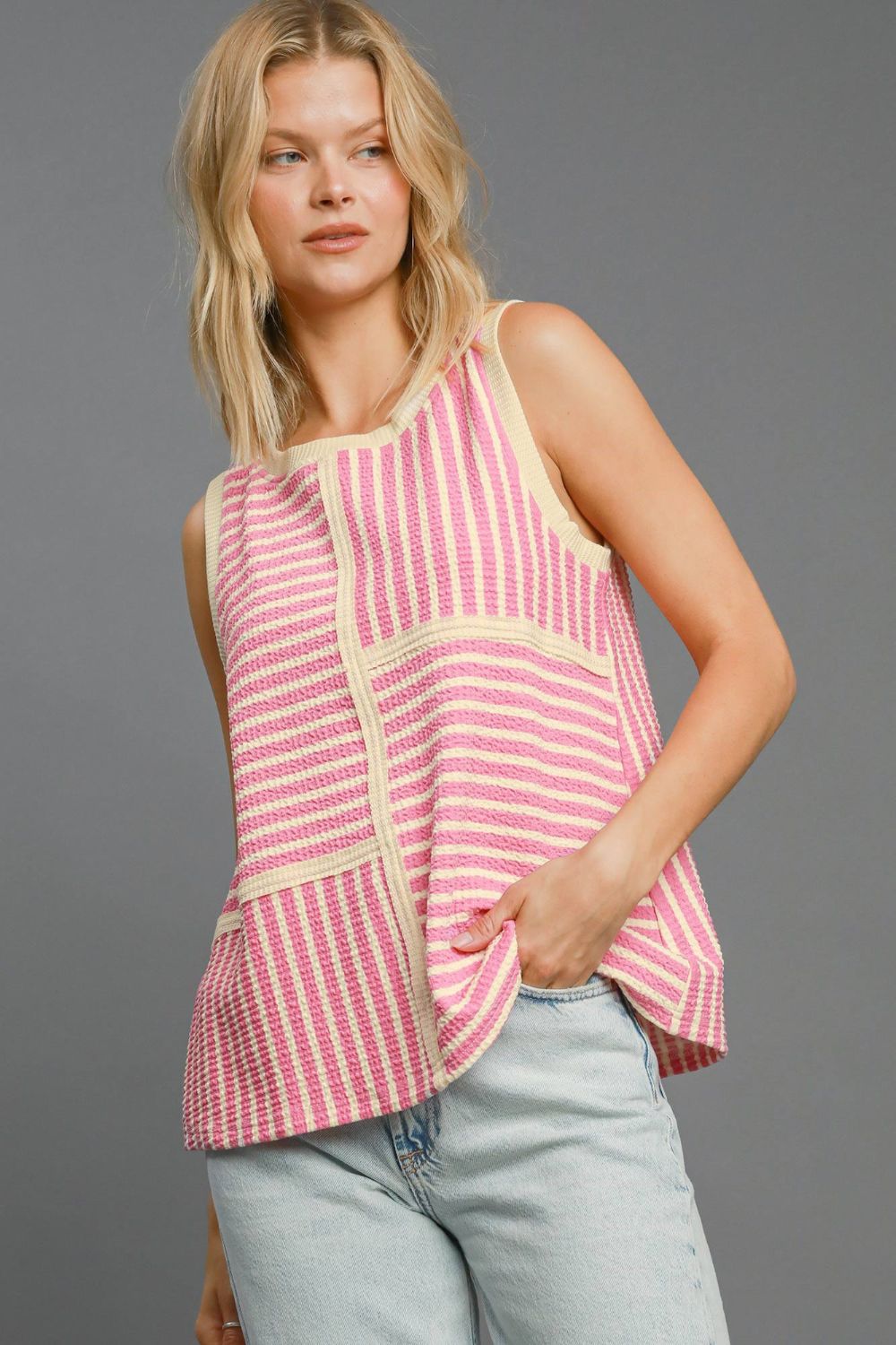 Umgee Round Neck Texture Striped Tank-TOPS / DRESSES-[Adult]-[Female]-Pink-S-2022 Online Blue Zone Planet