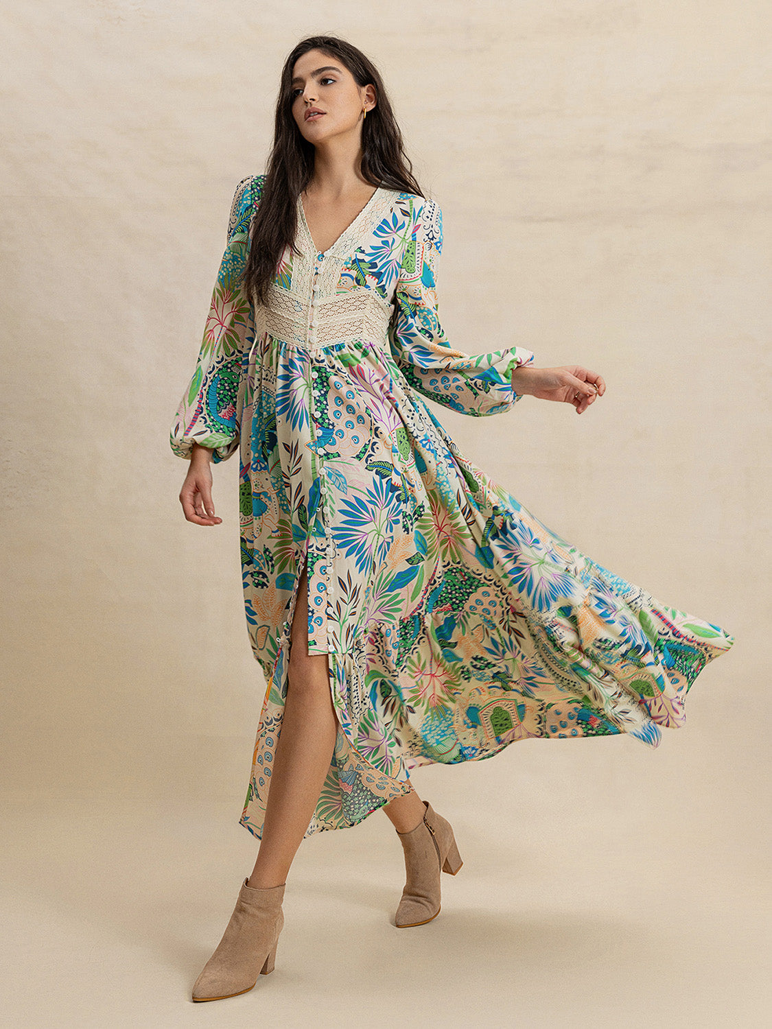 Slit Printed V-Neck Long Sleeve Midi Dress-TOPS / DRESSES-[Adult]-[Female]-Multicolor-S-2022 Online Blue Zone Planet