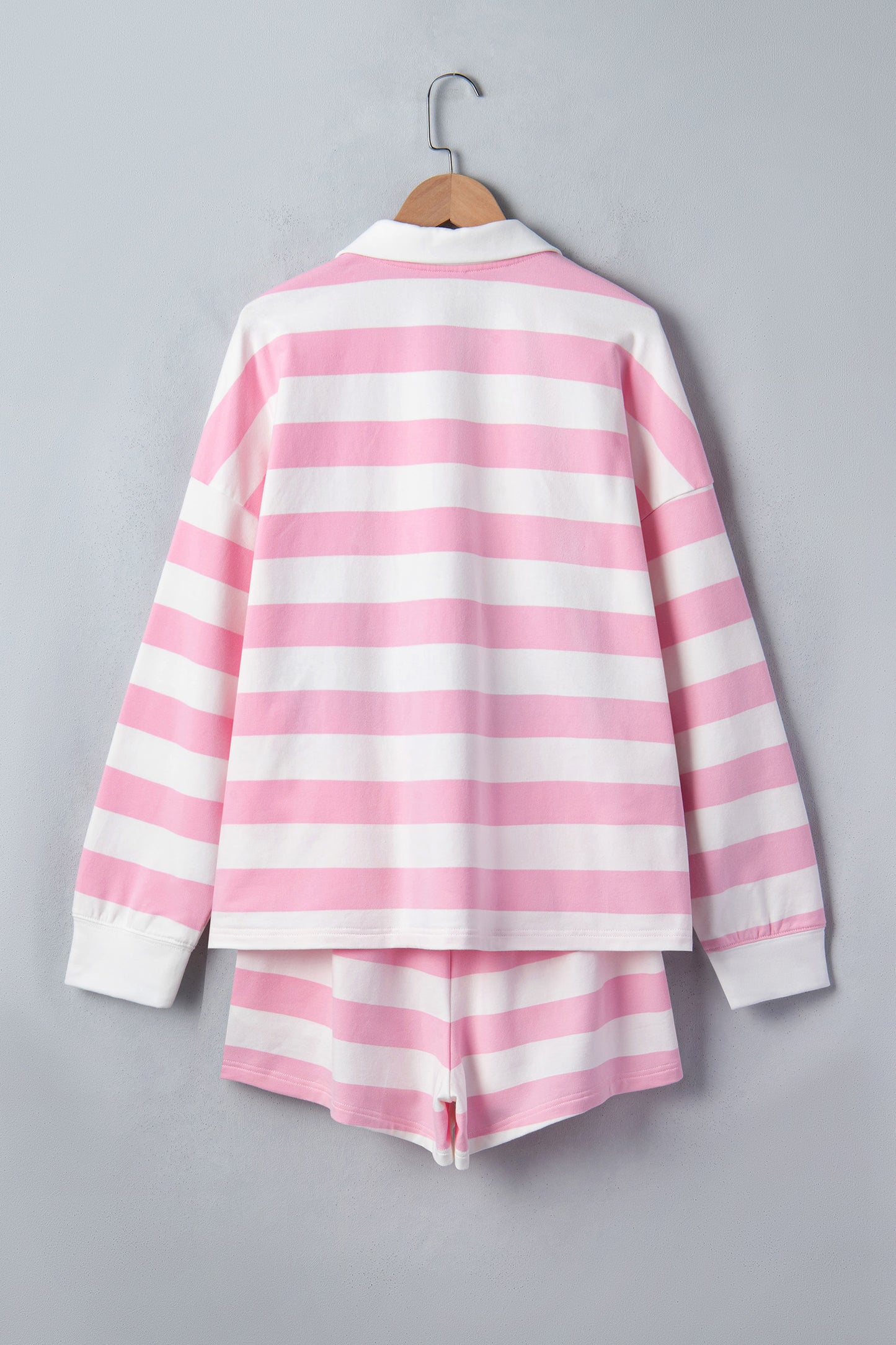 Pink Stripe Patchwork Zipper Pullover Elastic Waist Shorts 2pcs Set-Two Piece Sets/Short Sets-[Adult]-[Female]-2022 Online Blue Zone Planet
