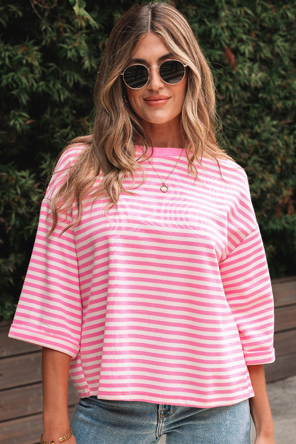 Pink Stripe Bowknot Cutout Back Drop Shoulder Wide Bracelet Sleeve Loose Tee-Tops/Tops & Tees-[Adult]-[Female]-2022 Online Blue Zone Planet
