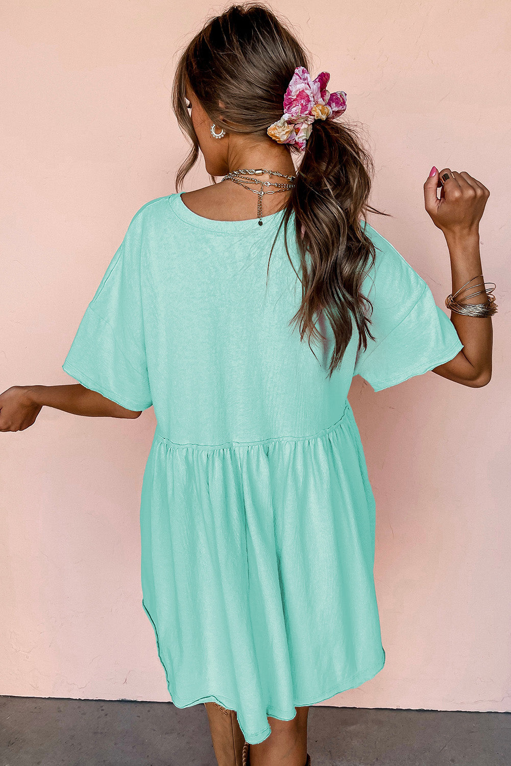 Moonlight Jade Solid Color Pocketed Raw Edge Babydoll Dress-Dresses/Mini Dresses-[Adult]-[Female]-2022 Online Blue Zone Planet
