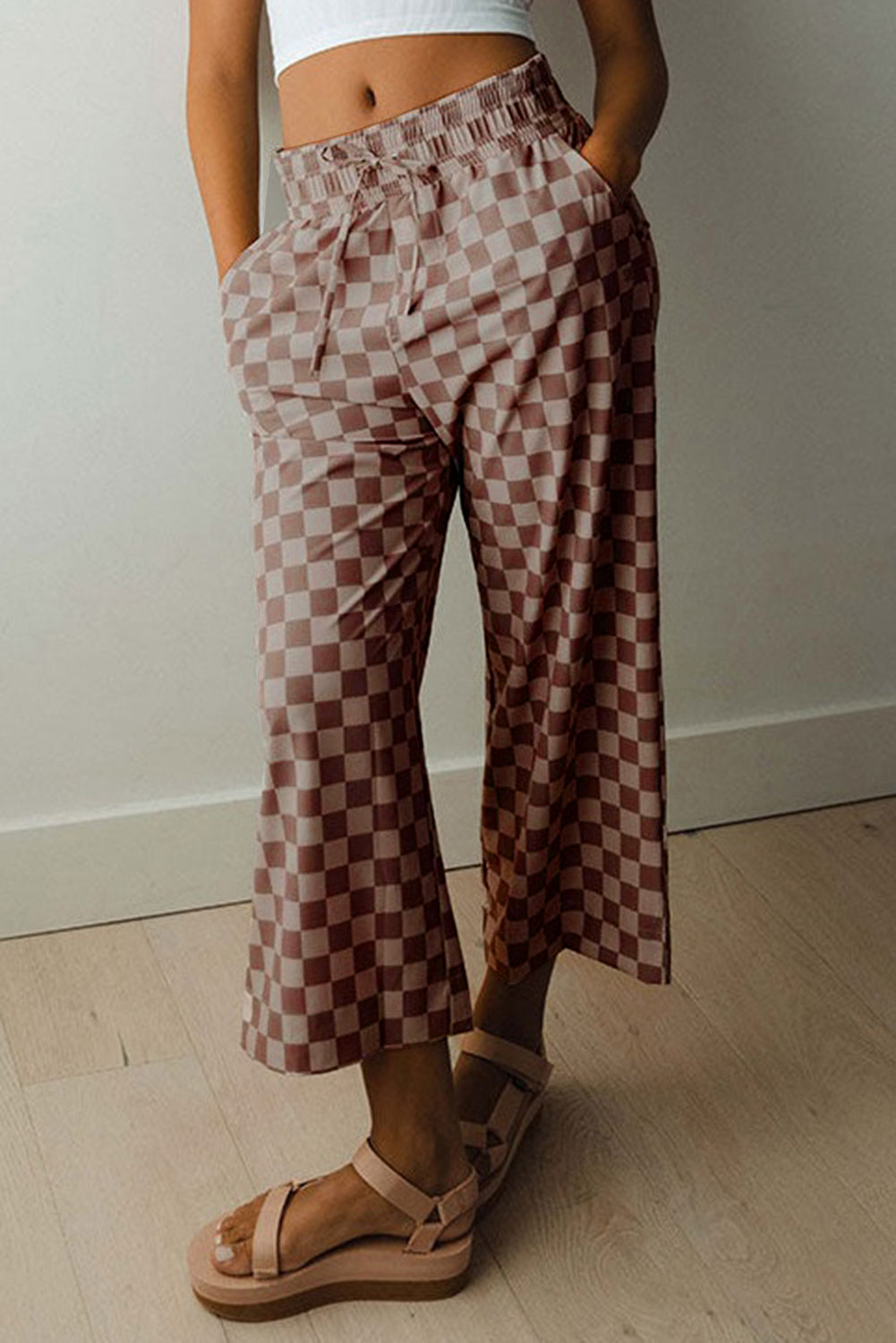 Khaki Checkered Elastic High Waist Loose Casual Pants-Bottoms/Pants & Culotte-[Adult]-[Female]-Khaki-S-2022 Online Blue Zone Planet