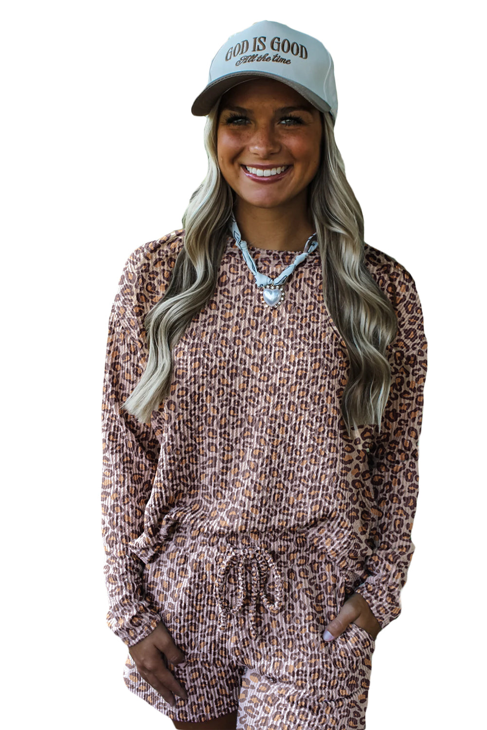 Khaki Leopard Ribbed Long Sleeve Top Drawstring Shorts 2pcs Outfit-Two Piece Sets/Short Sets-[Adult]-[Female]-2022 Online Blue Zone Planet