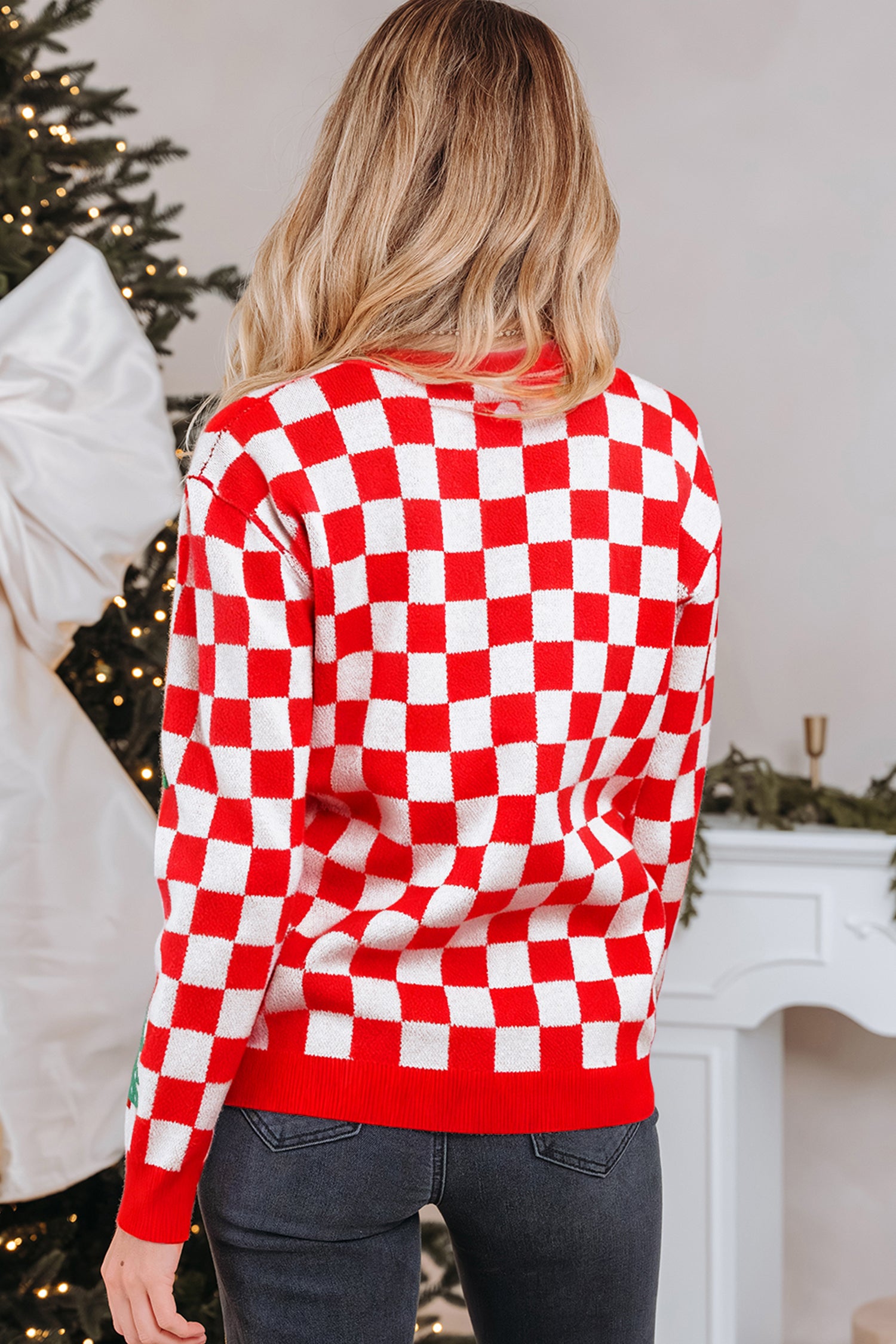 Pink Checkered Christmas Tree Pattern Button V Neck Cardigan Sweater-TOPS / DRESSES-[Adult]-[Female]-2022 Online Blue Zone Planet