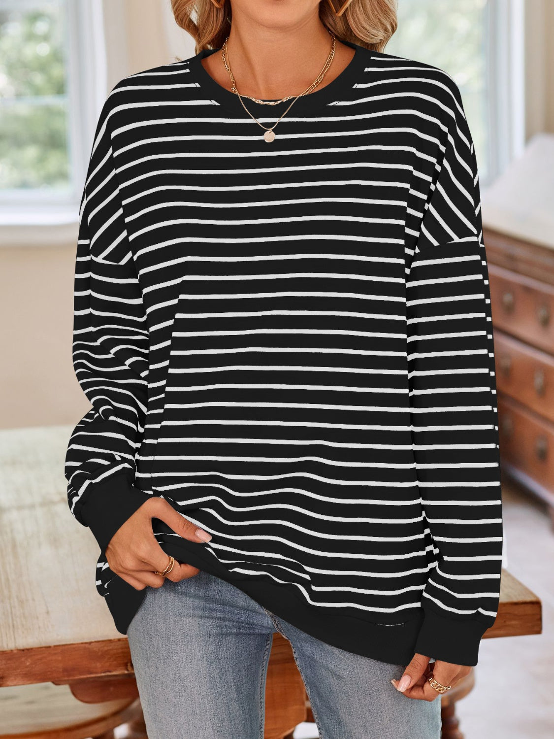 Blue Zone Planet | Lovelet Striped Round Neck Long Sleeve Sweatshirt-TOPS / DRESSES-[Adult]-[Female]-2022 Online Blue Zone Planet