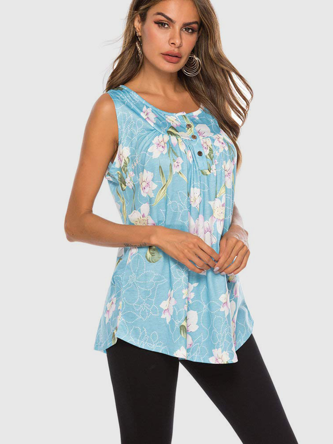 Flower Printed Round Neck Tank-TOPS / DRESSES-[Adult]-[Female]-2022 Online Blue Zone Planet