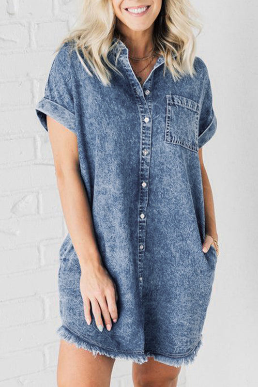 Blue Mineral Wash Cuffed Sleeve Frayed Hem Denim Dress-Dresses/Mini Dresses-[Adult]-[Female]-Blue-S-2022 Online Blue Zone Planet