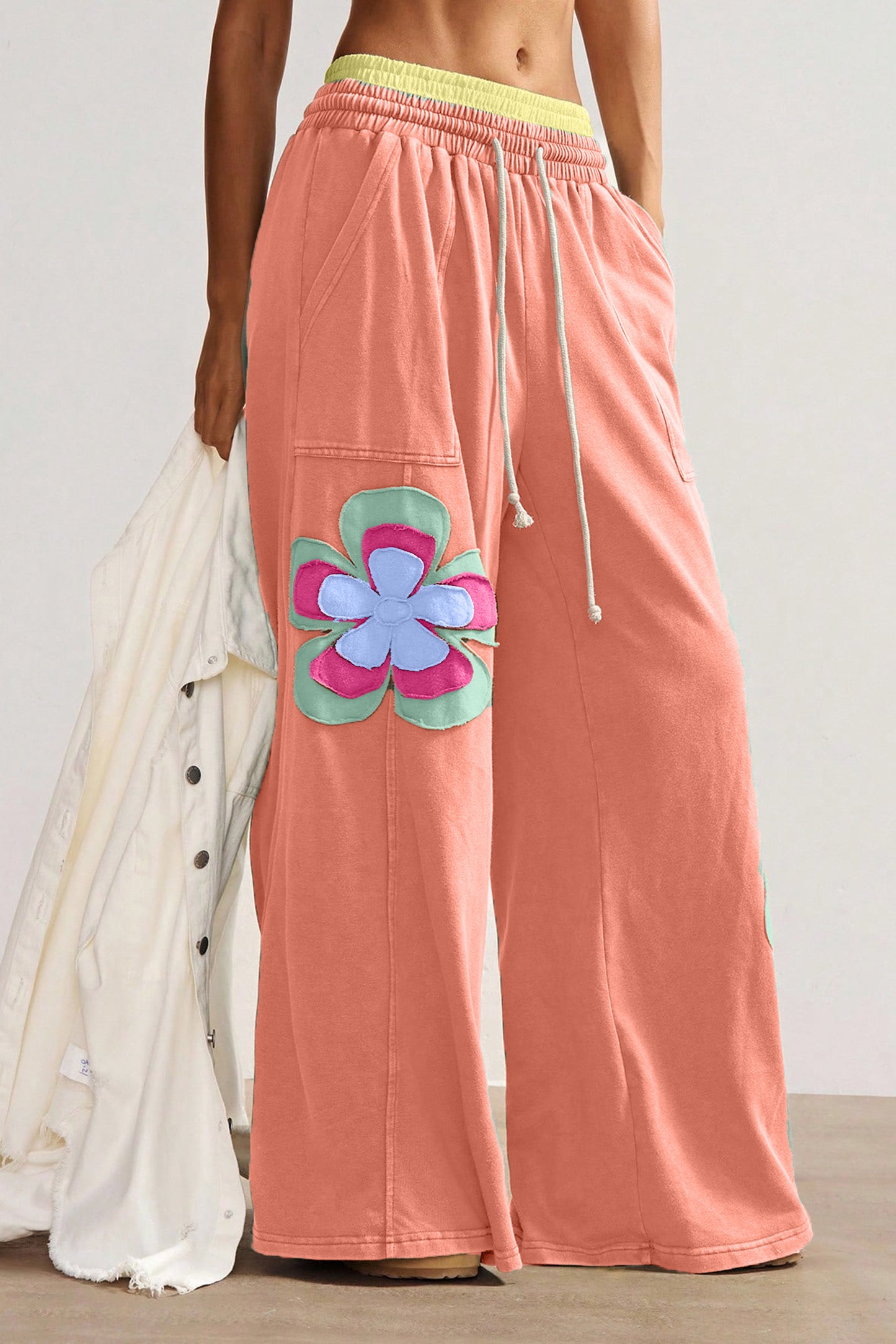 Grapefruit Orange Color Block Flower Patchwork Drawstring Contrasted Elastic Waist Wide Leg Pants-Bottoms/Pants & Culotte-[Adult]-[Female]-2022 Online Blue Zone Planet