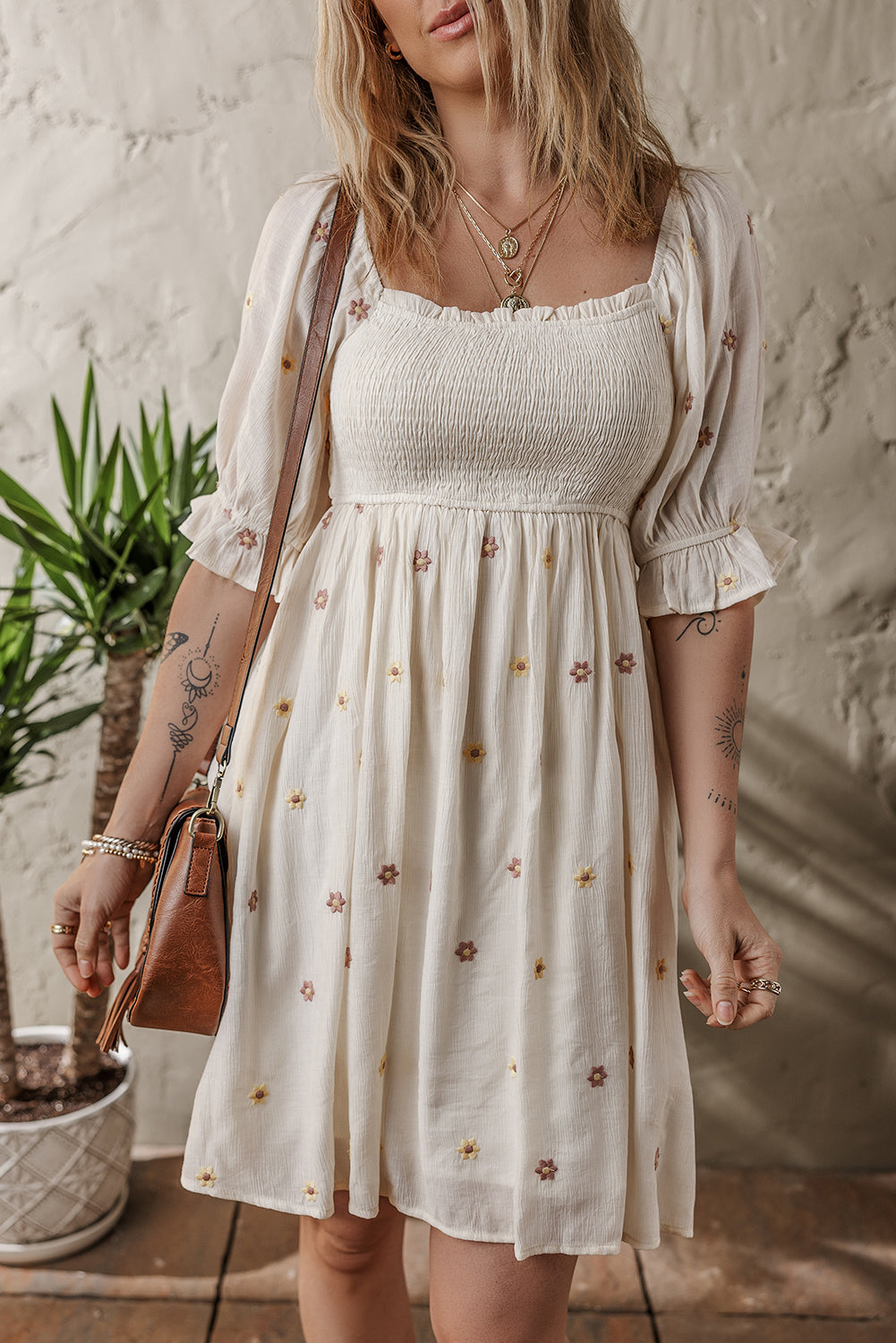 Beige Embroidered Flower Smocked Bust Half Puff Sleeve Empire Waist Textured Flowy Dress-TOPS / DRESSES-[Adult]-[Female]-2022 Online Blue Zone Planet