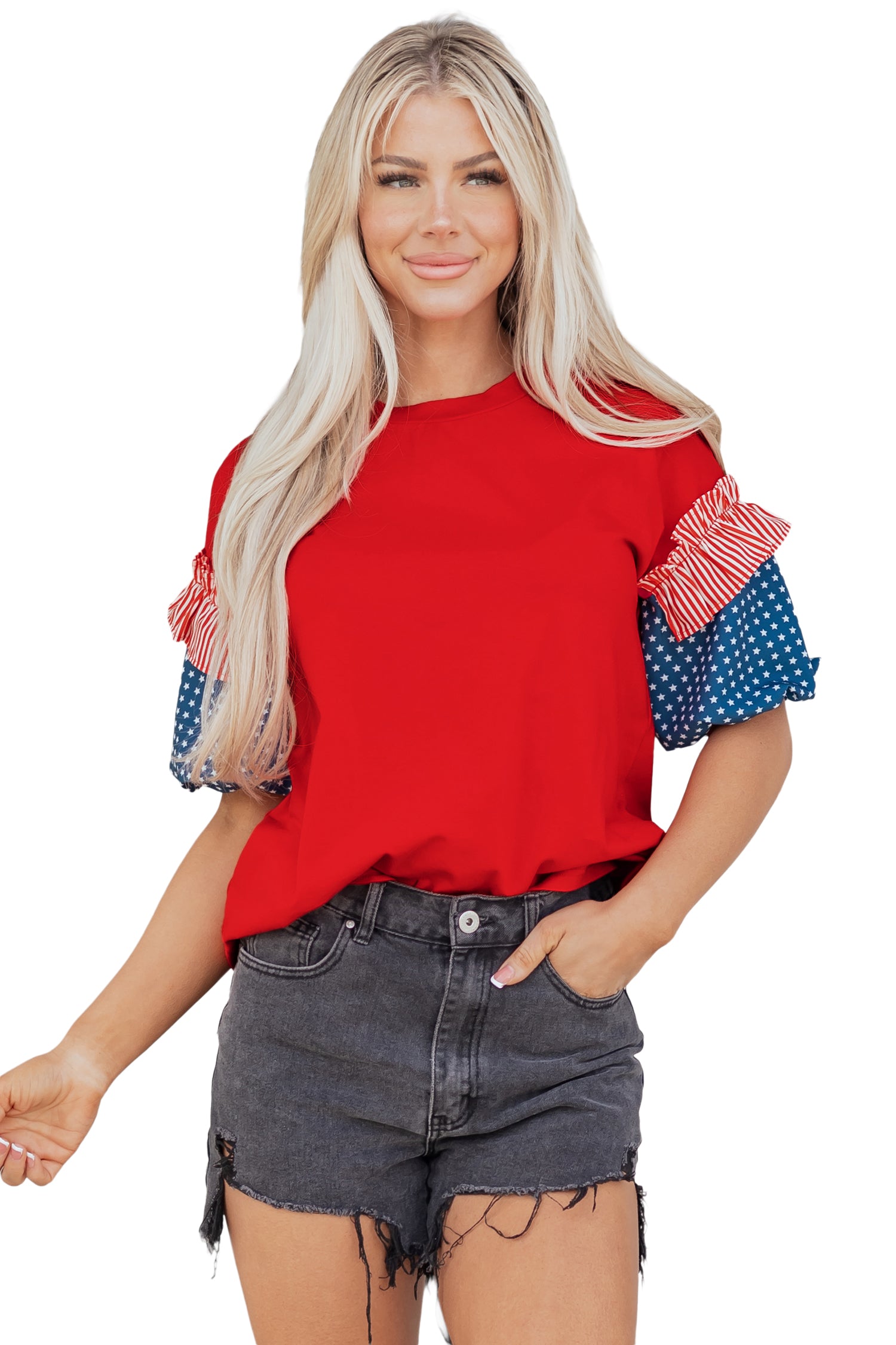 Fiery Red Stars Stripes Short Puff Sleeve Top-Tops/Tops & Tees-[Adult]-[Female]-2022 Online Blue Zone Planet