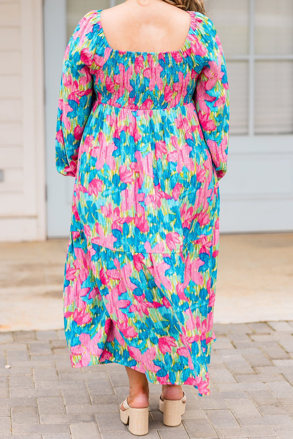 Sky Blue Floral Allover Print Shirred Square Neck Plus Size Maxi Dress-Plus Size/Plus Size Dresses/Plus Size Maxi Dresses-[Adult]-[Female]-2022 Online Blue Zone Planet