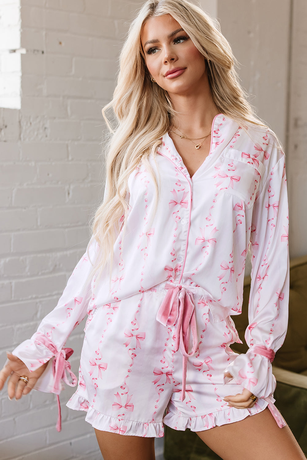 Blue Zone Planet | Pink Satin Bow Bell Sleeve Shirt and Ruffled Shorts Pajama Set-Loungewear & Sleepwear/Sleepwear-[Adult]-[Female]-2022 Online Blue Zone Planet