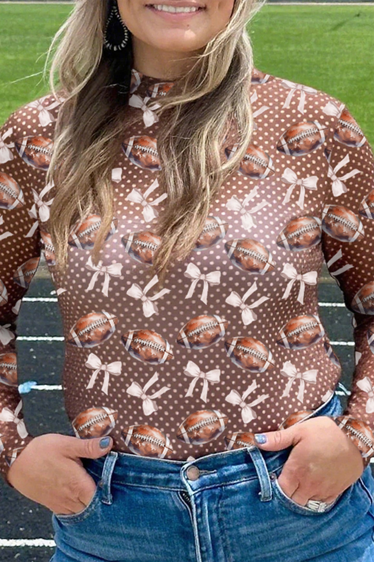 Brown Polka Dot Bow Printed Game Day Vibes Mesh Long Sleeve Top-Tops/Long Sleeve Tops-[Adult]-[Female]-2022 Online Blue Zone Planet
