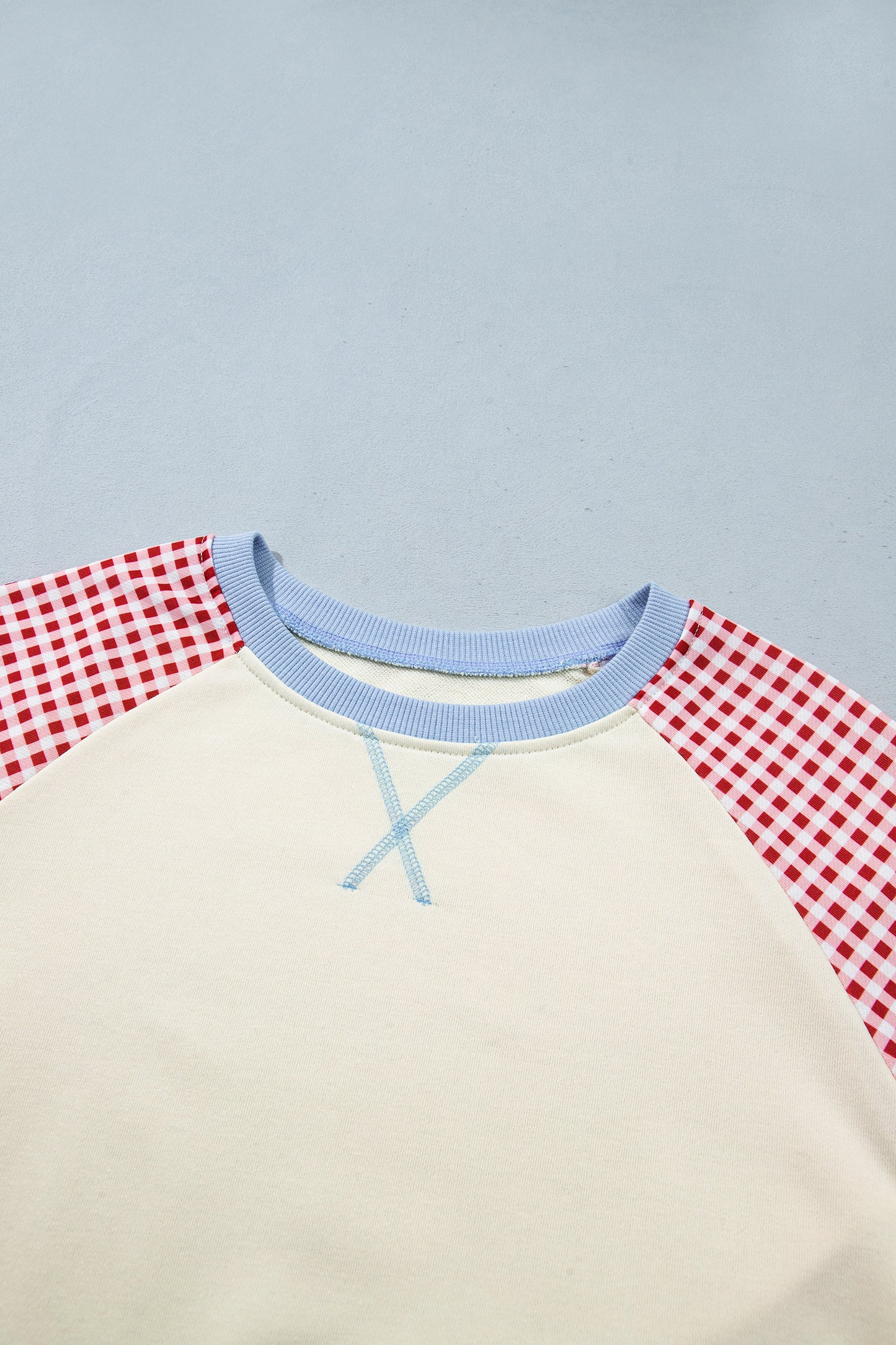 Beige Plaid Sleeve Colorblock Raglan Pullover Sweatshirt-Tops/Sweatshirts & Hoodies-[Adult]-[Female]-2022 Online Blue Zone Planet