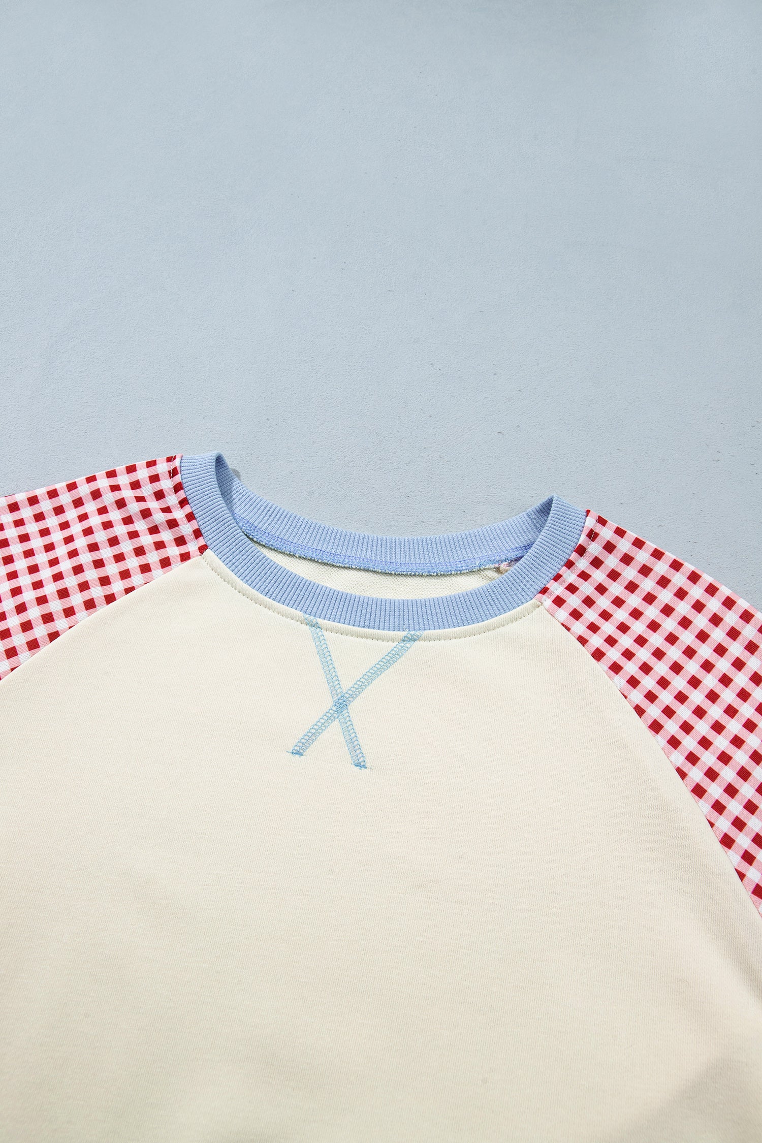 Beige Plaid Sleeve Colorblock Raglan Pullover Sweatshirt-Tops/Sweatshirts & Hoodies-[Adult]-[Female]-2022 Online Blue Zone Planet