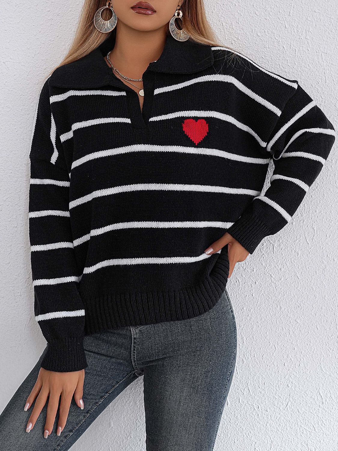 Blue Zone Planet | Striped Johnny Collar Long Sleeve Sweater-TOPS / DRESSES-[Adult]-[Female]-Black-One Size-2022 Online Blue Zone Planet