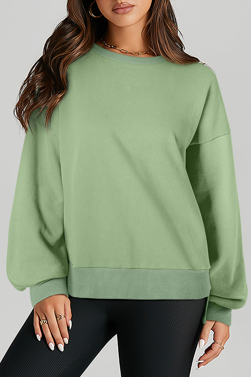 Parchment Solid O Neck High Low Hem Pullover Sweatshirt-Tops/Sweatshirts & Hoodies-[Adult]-[Female]-Smoke Green-S-2022 Online Blue Zone Planet