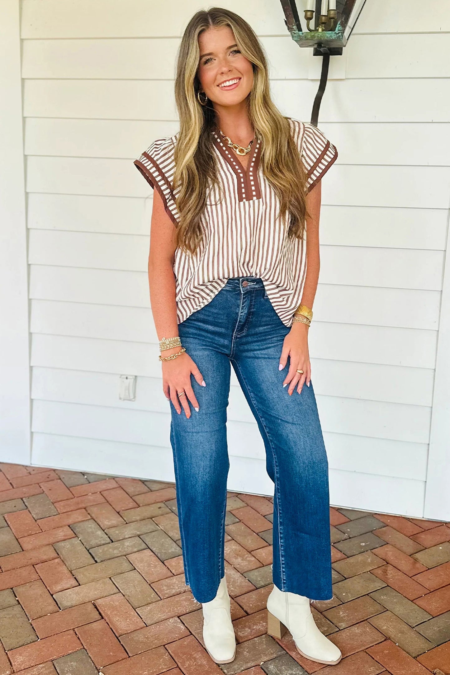 Khaki Stripe Double Ruffled Short Sleeve V Neck Blouse-Tops/Blouses & Shirts-[Adult]-[Female]-2022 Online Blue Zone Planet