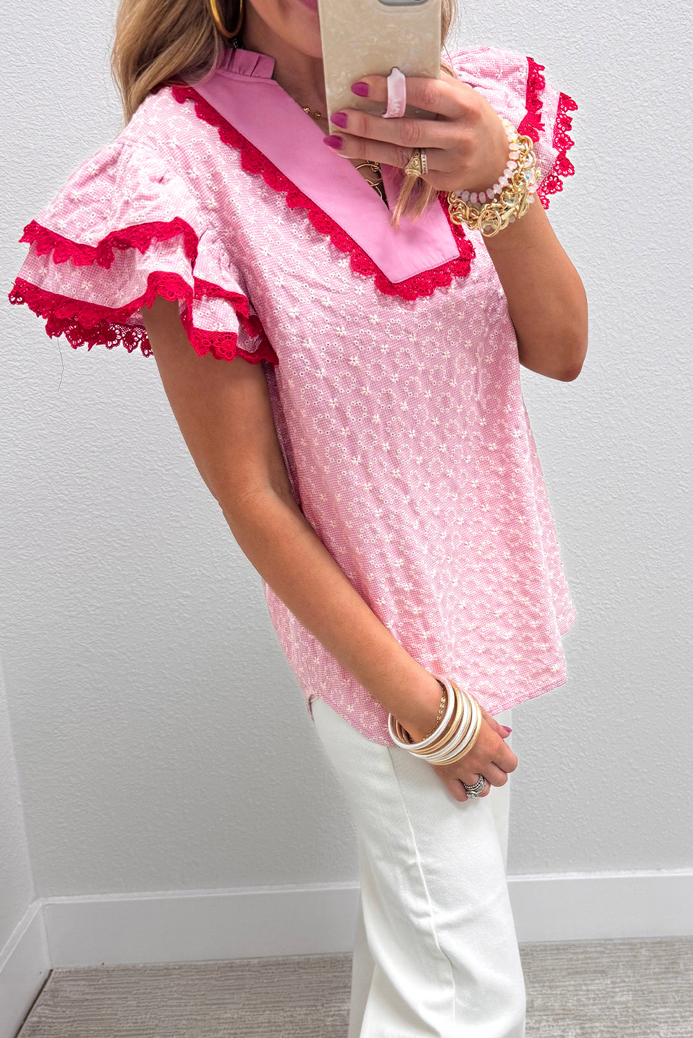 Pink Eyelet Embroidered Flower Texture Contrast Lace Trim Flutter Sleeve Blouse-Tops/Blouses & Shirts-[Adult]-[Female]-2022 Online Blue Zone Planet