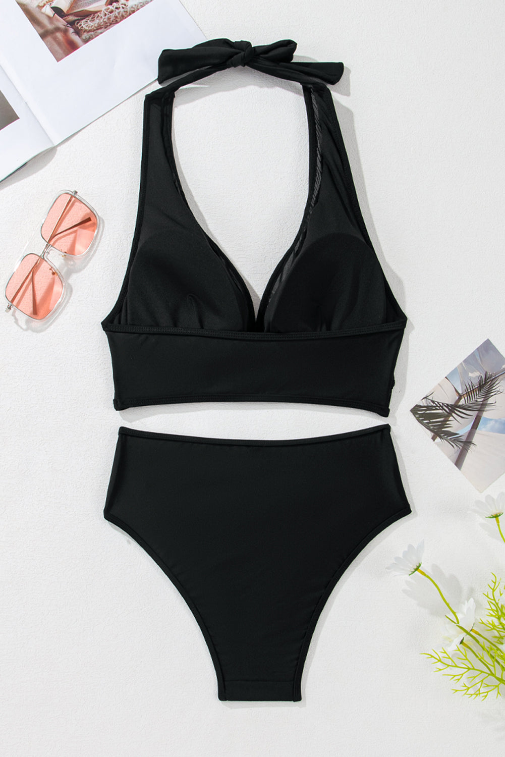 Black Sheer Mesh Edged Halter V Neck Push Up Bikini-Bikini Sets-[Adult]-[Female]-2022 Online Blue Zone Planet