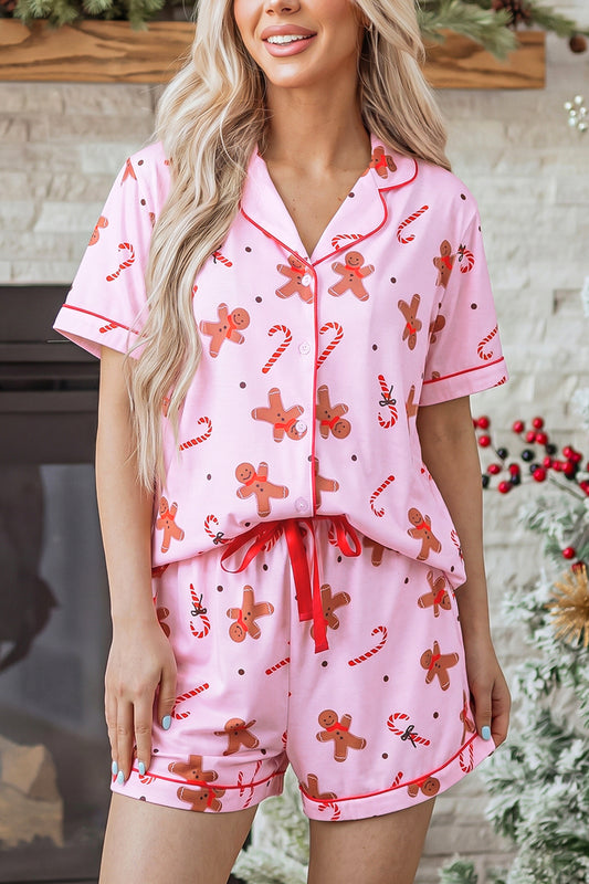 Pink Short Sleeve Placket Shell Button Elastic Waist Lounge Set-Loungewear & Sleepwear/Loungewear-[Adult]-[Female]-Pink-S-2022 Online Blue Zone Planet