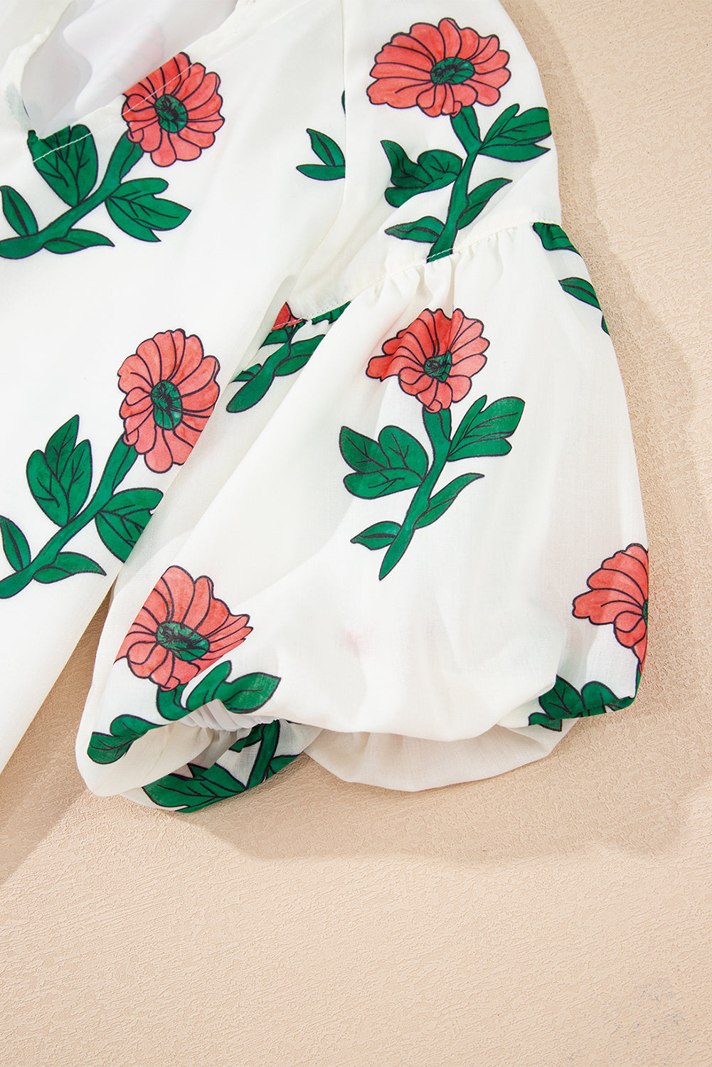 Beige Floral Print Shirred Split Neck Short Sleeve Blouse-Tops/Blouses & Shirts-[Adult]-[Female]-2022 Online Blue Zone Planet