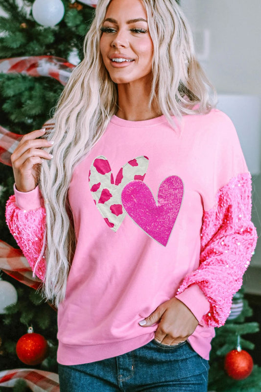 Valentine’s Day Sequin Heart Long Sleeve Sweatshirt-TOPS / DRESSES-[Adult]-[Female]-Fuchsia Pink-S-2022 Online Blue Zone Planet