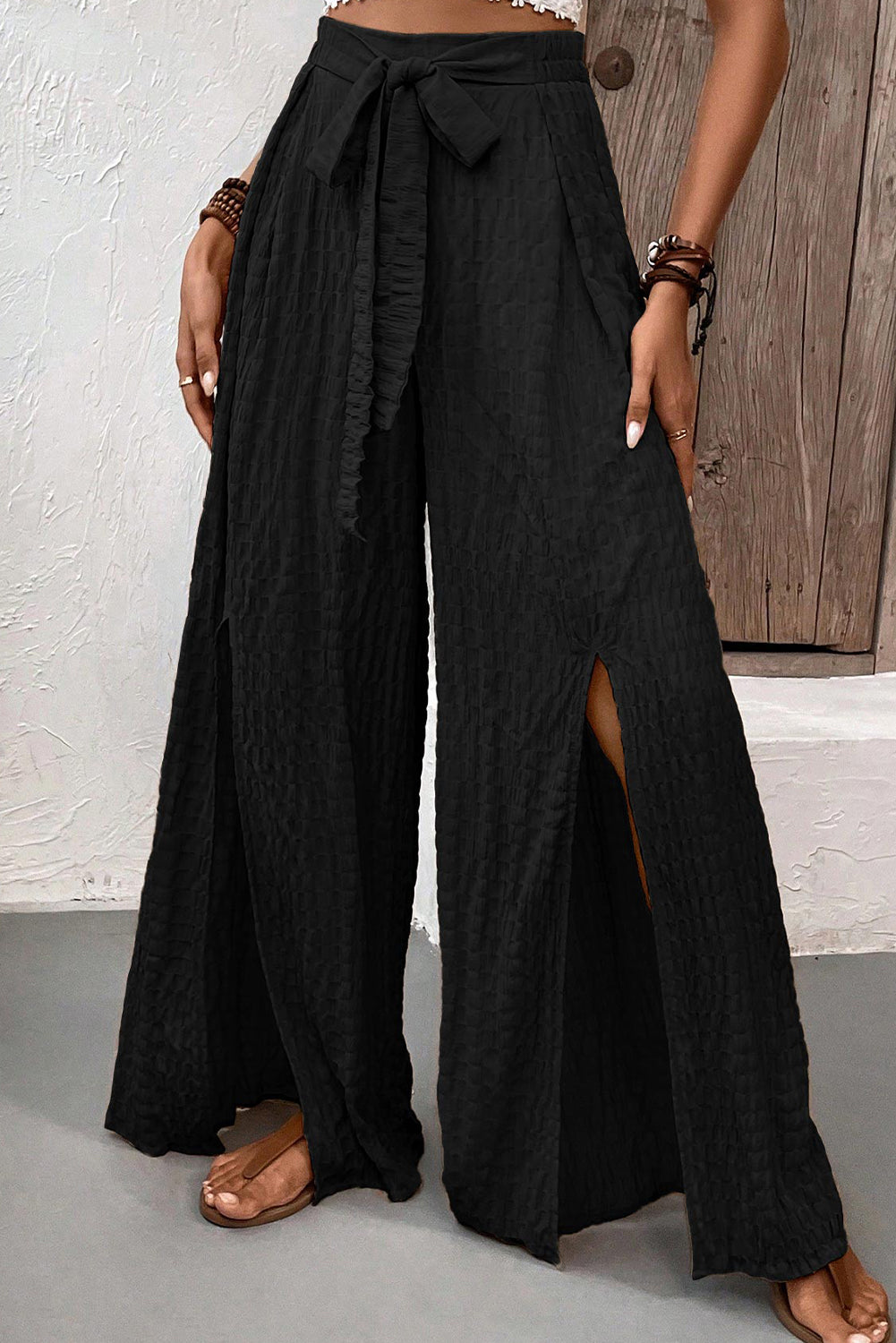 Black Crinkle Texture Knot Waist Slits Flared Pants-Pants-[Adult]-[Female]-Black-S-2022 Online Blue Zone Planet