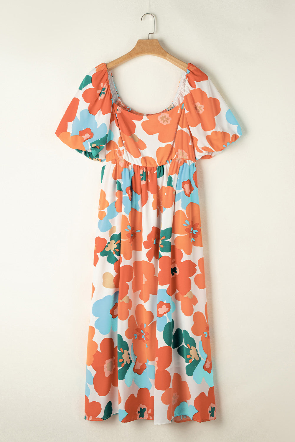 Blue Zone Planet | Orange Plus Size Flower Print Shirred Square Neck Maxi Dress-TOPS / DRESSES-[Adult]-[Female]-2022 Online Blue Zone Planet