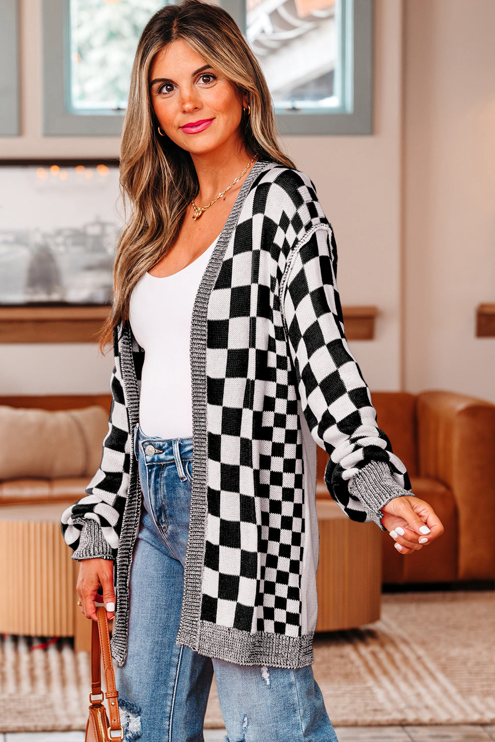 Black Checkered Open Front Drop Shoulder Cardigan-Sweaters & Cardigans/Cardigans-[Adult]-[Female]-2022 Online Blue Zone Planet