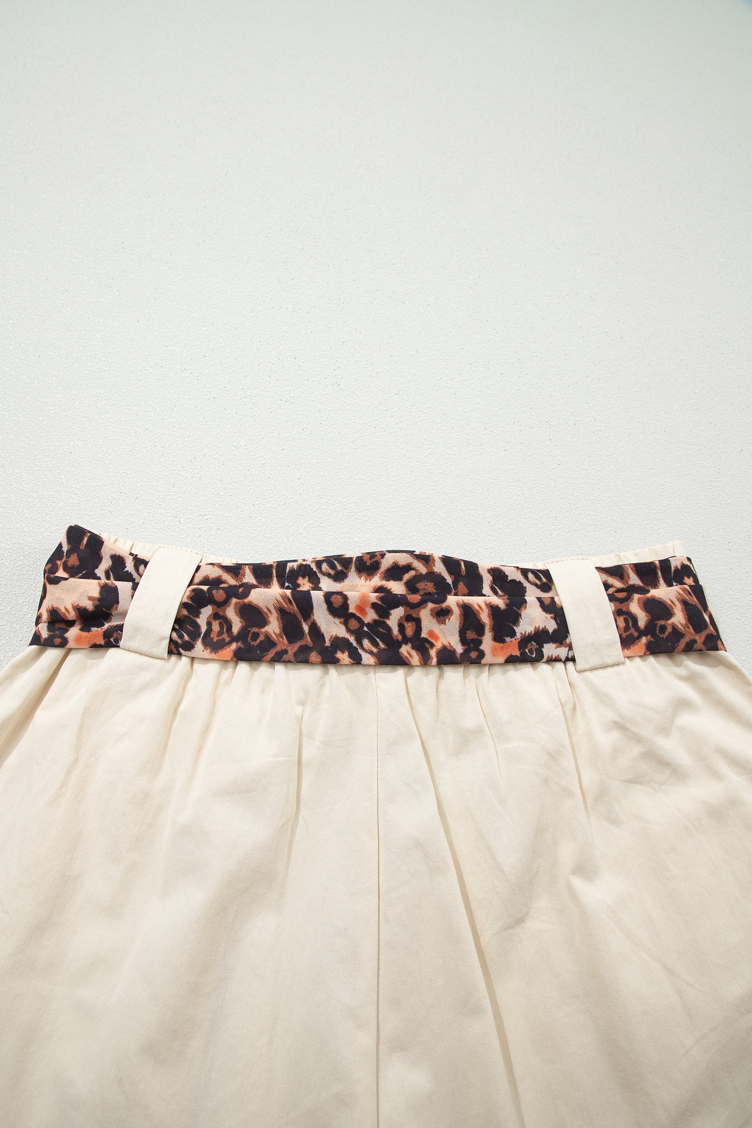 Oatmeal Leopard Contrast Sash Belt Pleated Wide Leg Shorts-Bottoms/Casual Shorts-[Adult]-[Female]-2022 Online Blue Zone Planet