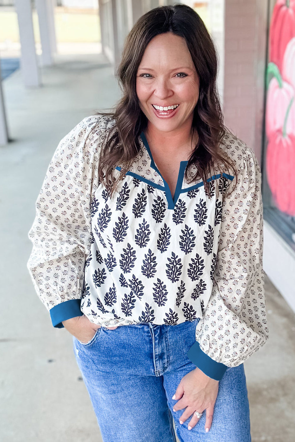 White Plus Size Boho Floral Print Contrast Trim Split Neck Puff Sleeve Patchwork Blouse-Plus Size/Plus Size Tops/Plus Size Blouses & Shirts-[Adult]-[Female]-2022 Online Blue Zone Planet