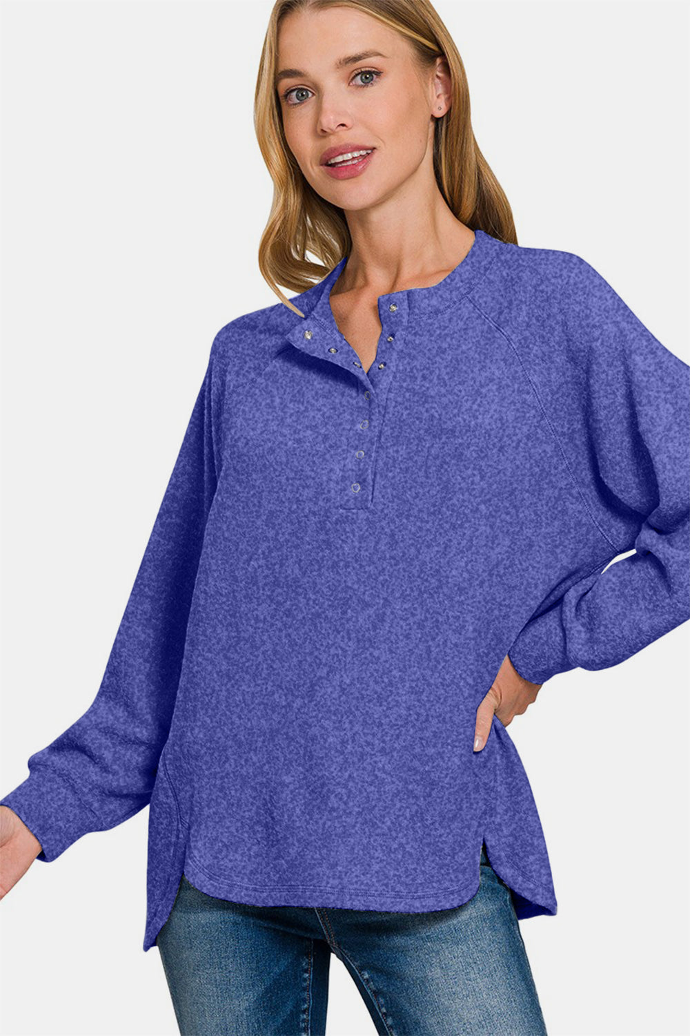 Zenana Full Size Brushed Melange Hacci High-Low Sweater-TOPS / DRESSES-[Adult]-[Female]-2022 Online Blue Zone Planet