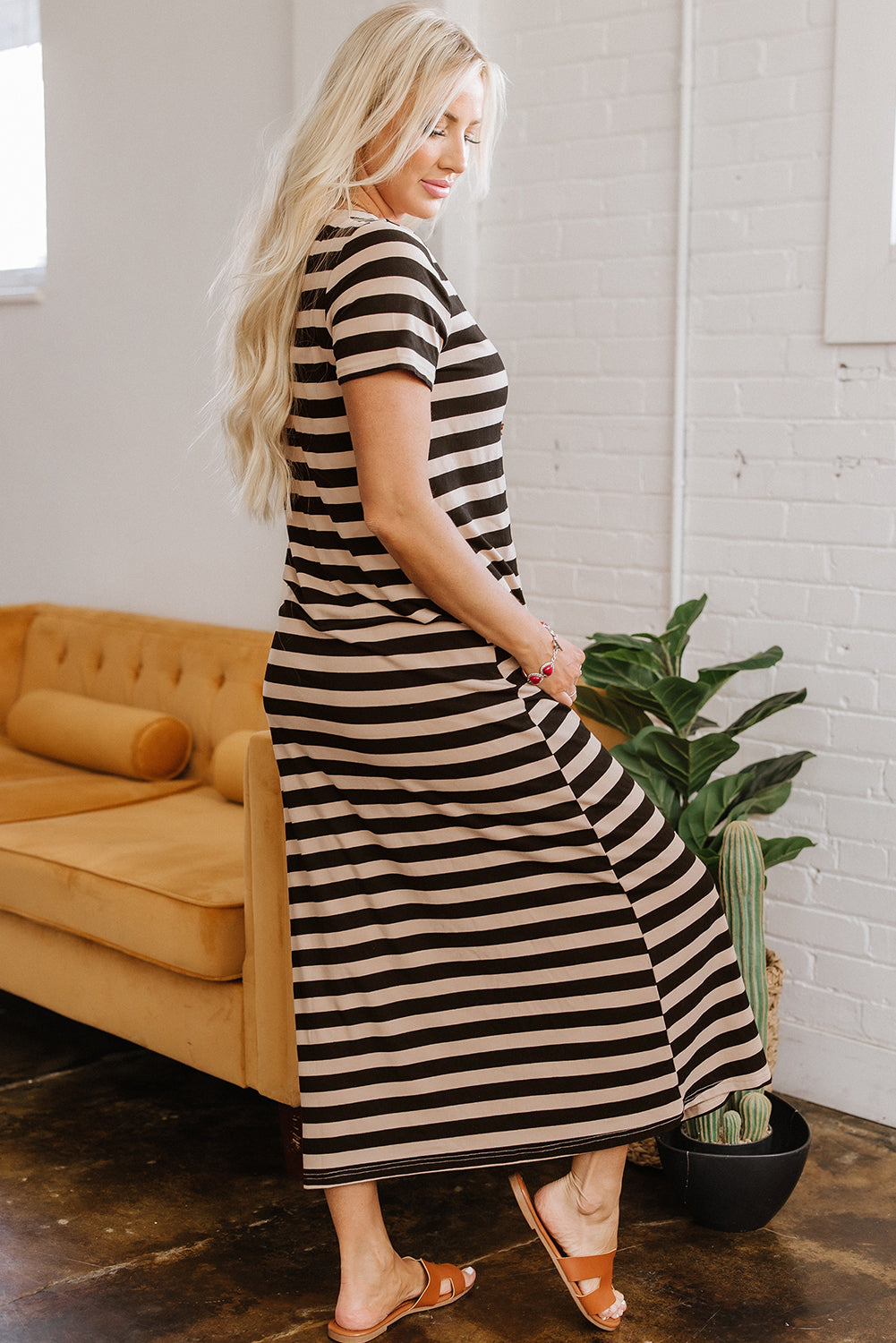Black Stripe Casual Round Neck T-Shirt Maxi Dress With Pockets-Dresses/T Shirt Dresses-[Adult]-[Female]-2022 Online Blue Zone Planet