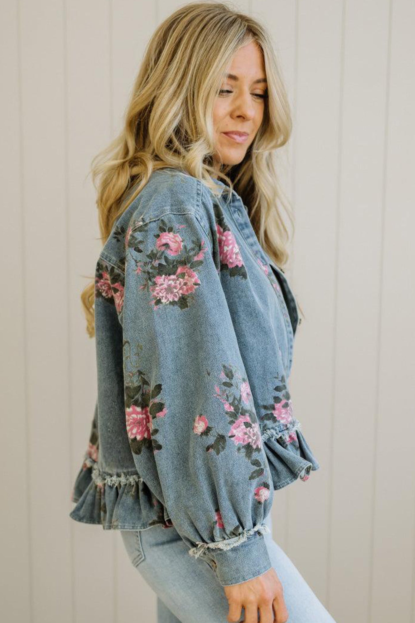 Sky Blue Floral Print Raw Seam Ruffle Hem Denim Jacket-Outerwear/Denim jackets-[Adult]-[Female]-2022 Online Blue Zone Planet