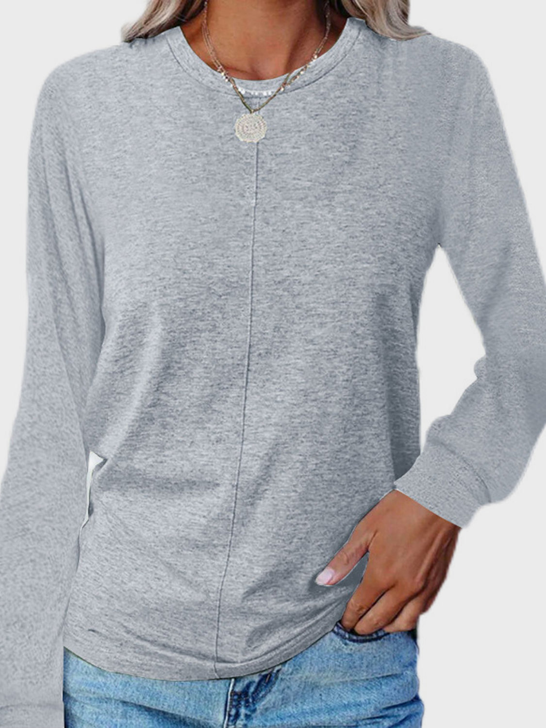 Full Size Round Neck Long Sleeve T-Shirt-TOPS / DRESSES-[Adult]-[Female]-Light Gray-S-2022 Online Blue Zone Planet