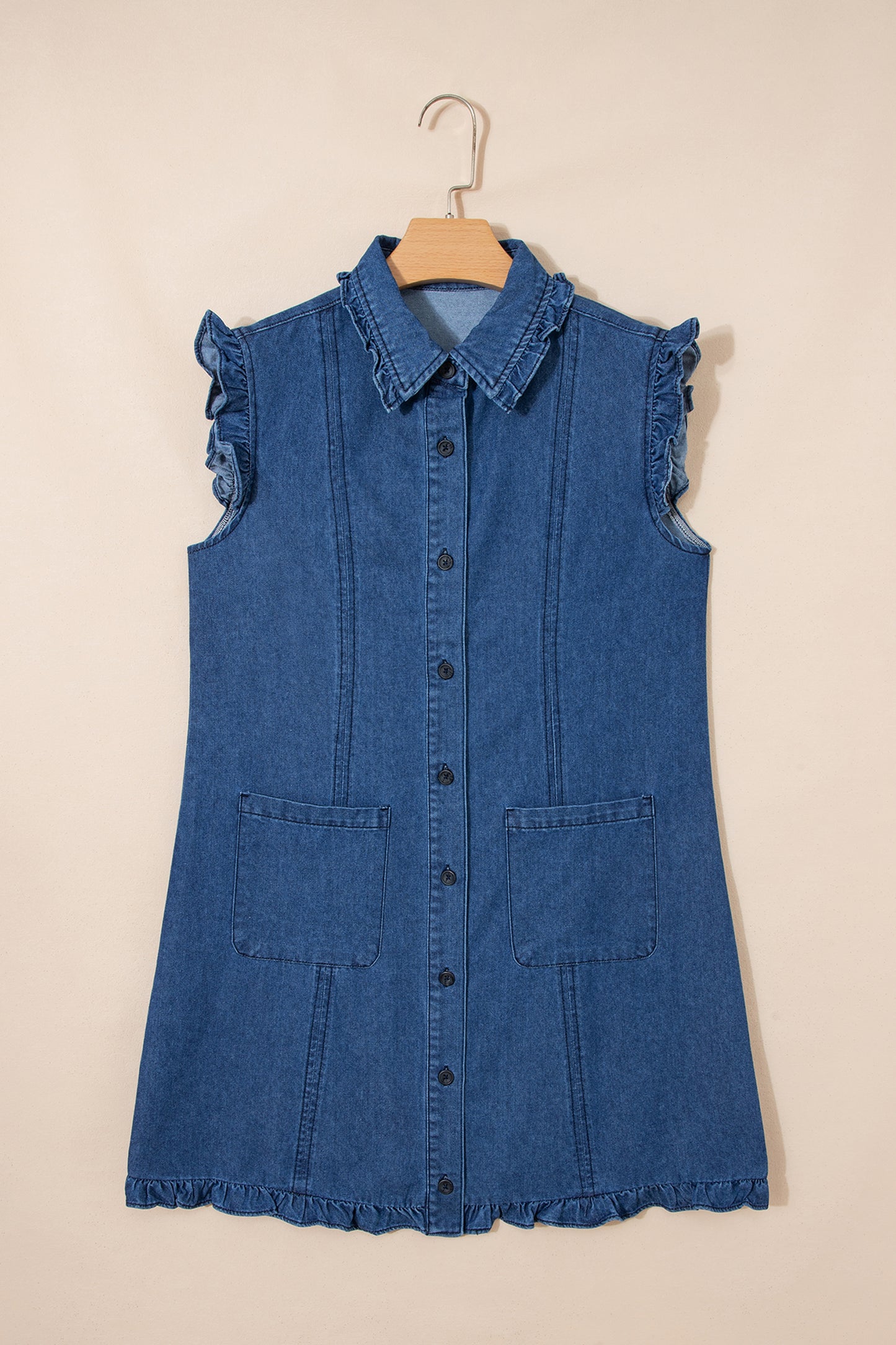 Sail Blue Ruffled Edge Collared Shift Denim Dress with Pockets-TOPS / DRESSES-[Adult]-[Female]-2022 Online Blue Zone Planet