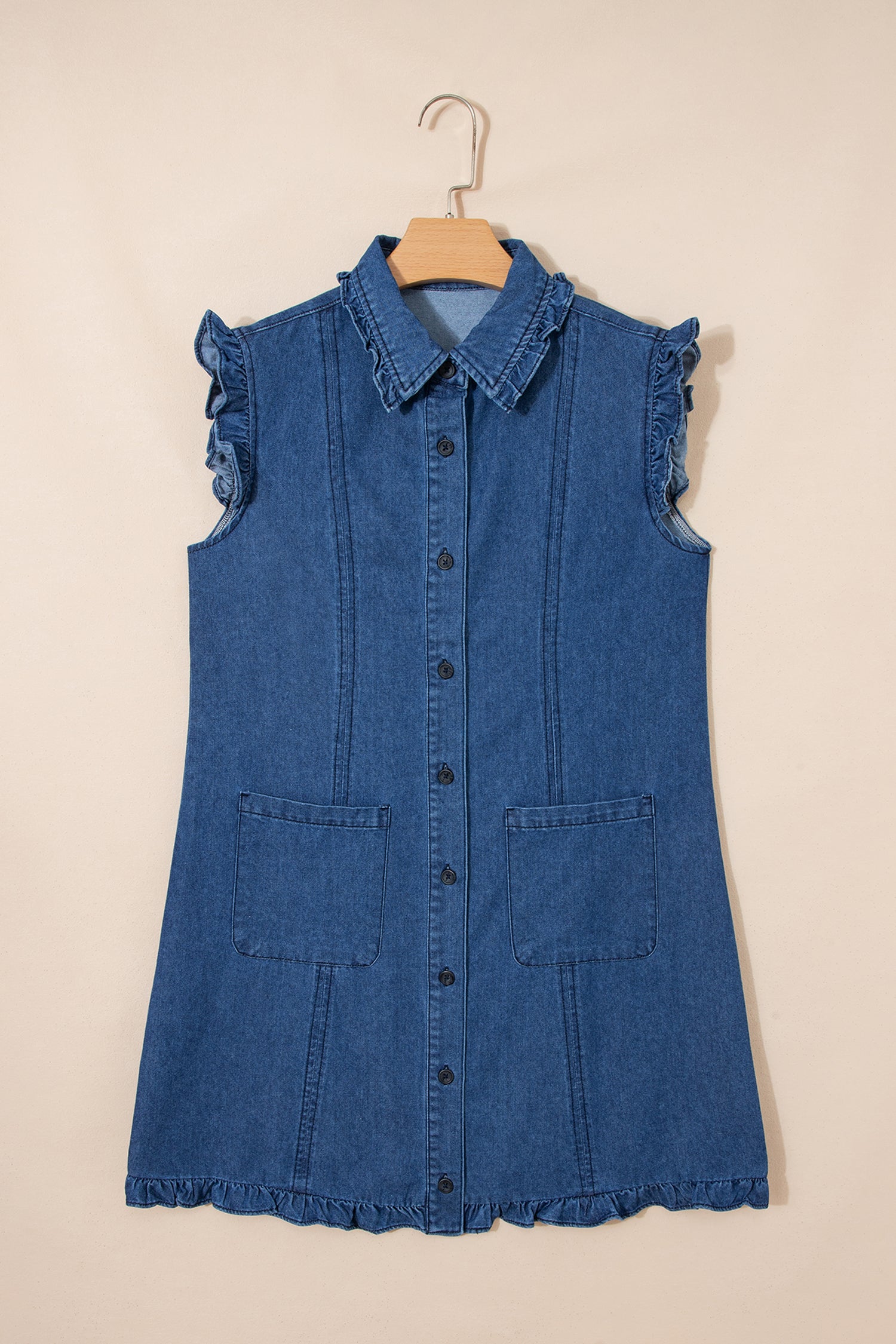 Sail Blue Ruffled Edge Collared Shift Denim Dress with Pockets-TOPS / DRESSES-[Adult]-[Female]-2022 Online Blue Zone Planet