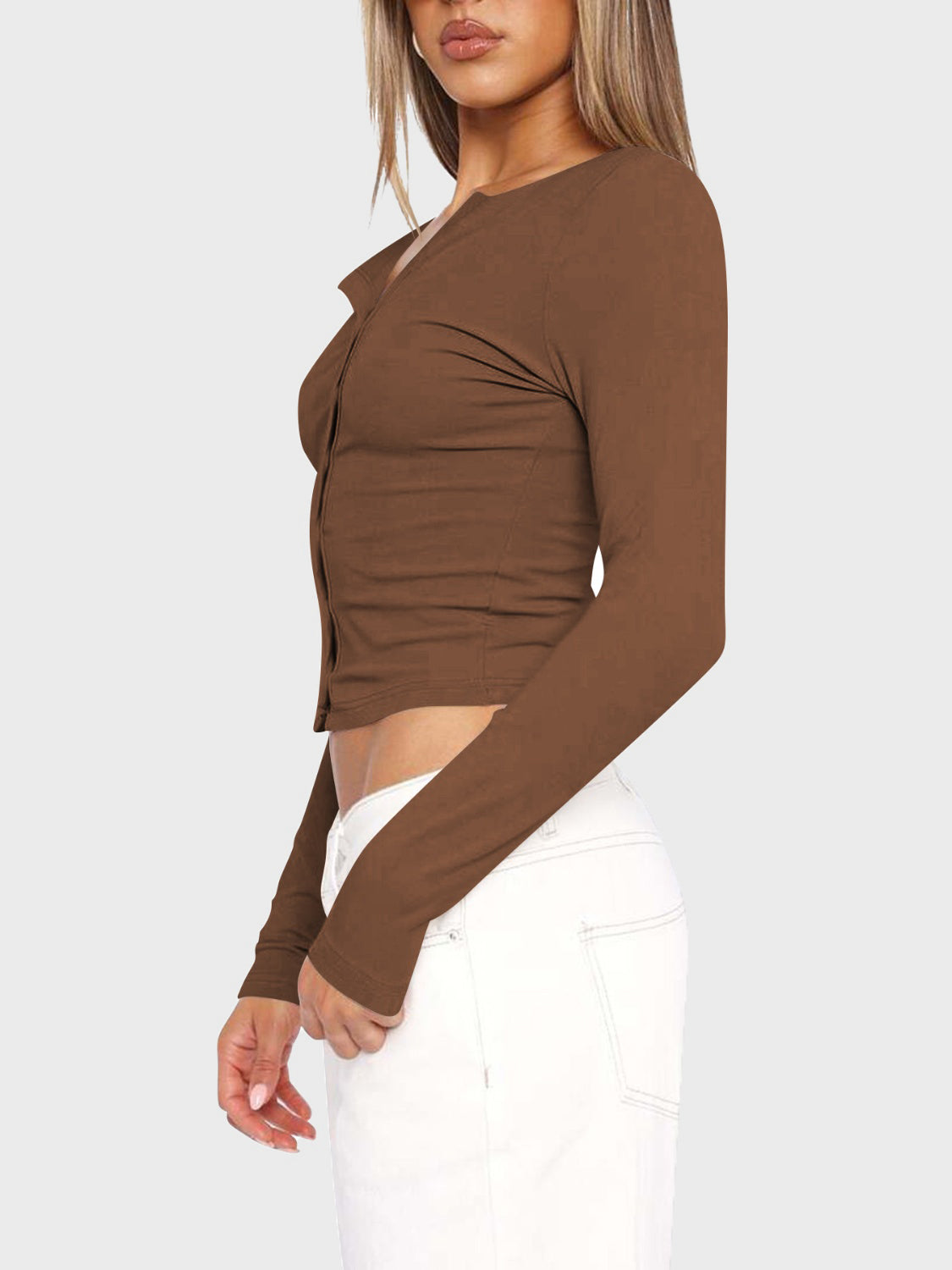 Lovelet Button Up Round Neck Long Sleeve T-Shirt-TOPS / DRESSES-[Adult]-[Female]-Coffee Brown-S-2022 Online Blue Zone Planet