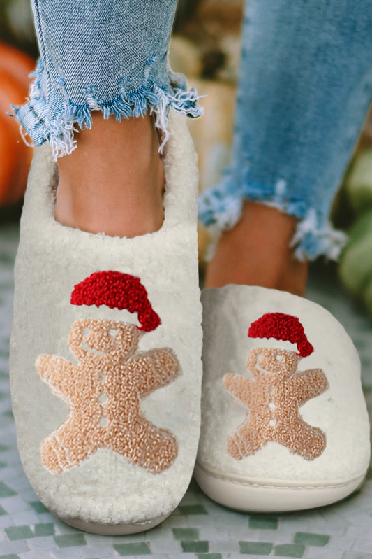 White Christmas Gingerbread Man Plush Home Slippers-Shoes & Bags/Slippers-[Adult]-[Female]-White-36-2022 Online Blue Zone Planet