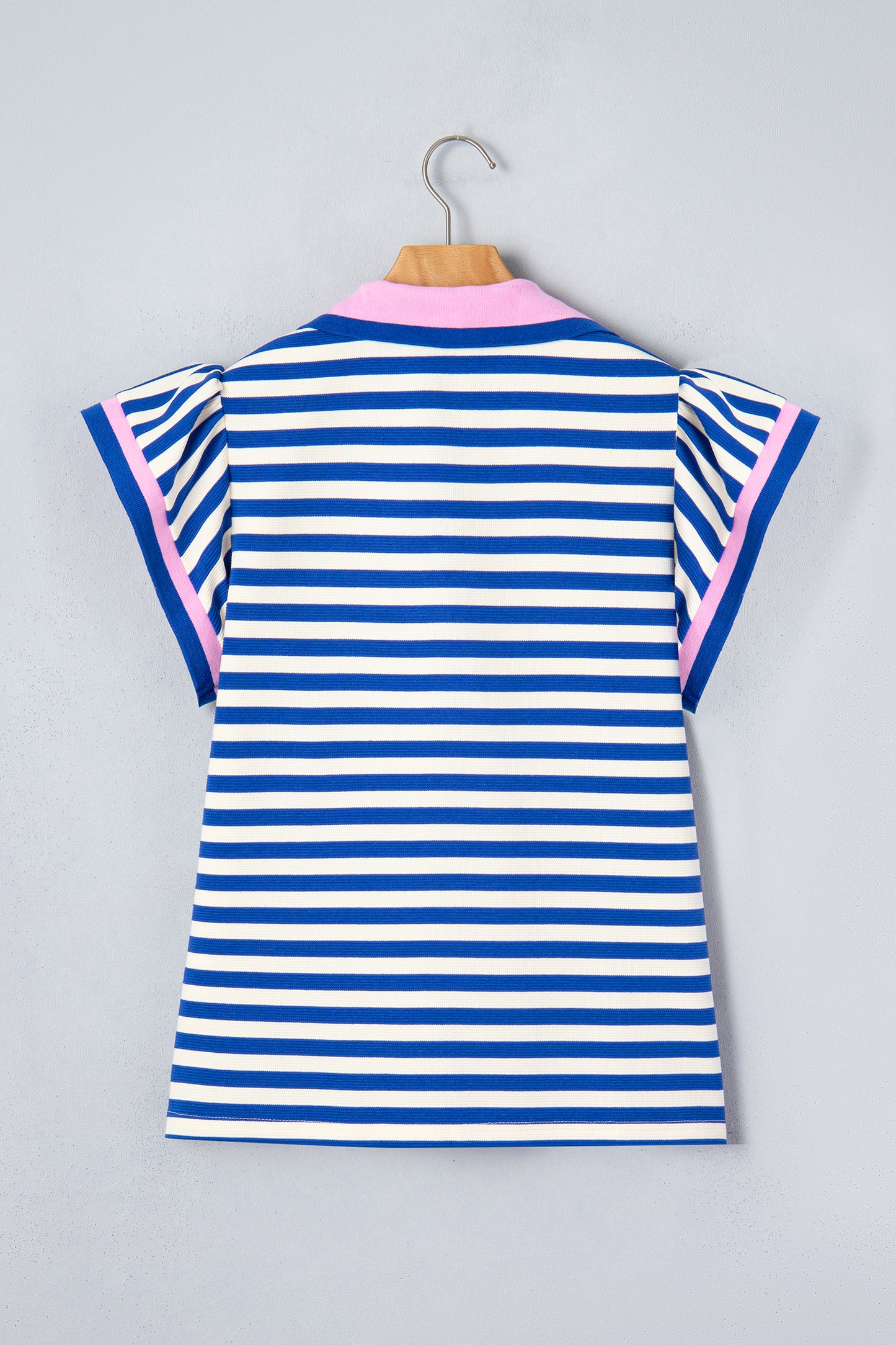 Rose Stripe Contrast Trim Polo Collar Ruffled Short Sleeve Blouse-Tops/Blouses & Shirts-[Adult]-[Female]-2022 Online Blue Zone Planet