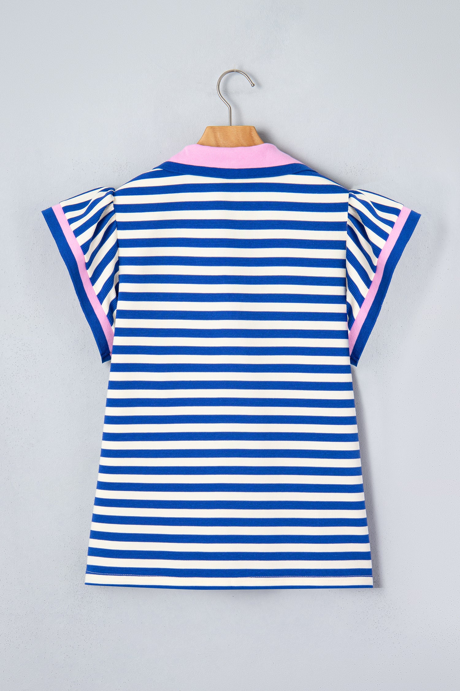 Rose Stripe Contrast Trim Polo Collar Ruffled Short Sleeve Blouse-Tops/Blouses & Shirts-[Adult]-[Female]-2022 Online Blue Zone Planet